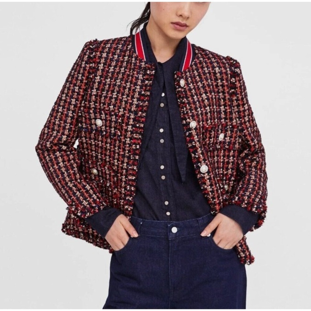 Zara Womens Tweed Bomber Jacket Blazer‎ Pocket Pearls Red Navy White Collar Trim